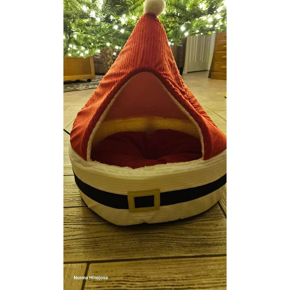 Santa Hat-Themed Pet Bed With Cozy Cushion For Cats & Small Dogs Red & White Plu